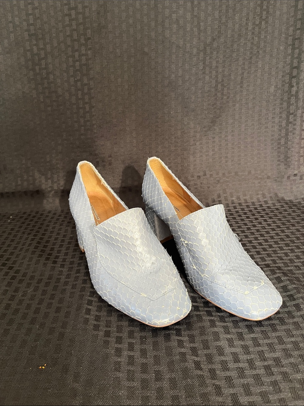 INTENTIONALLY BLANK “Franz” Light Blue Reptile Textured Block Heeled Loafers